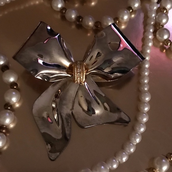 Vintage Silver Bow Gem Tie Brooch Pin - Picture 4 of 9